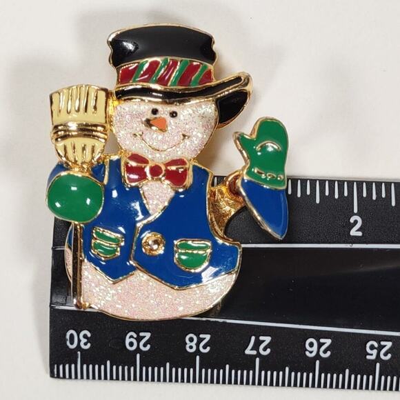 Vintage 90's Enamel SFJ Signed Waving Snowman Brooch - Picture 6 of 11